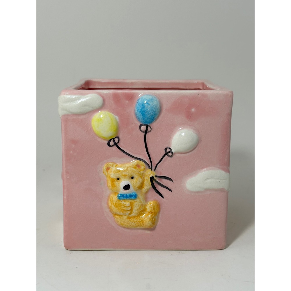 Pink Ceramic Teddy Bear Balloon‎ Square Planter Vase Nursery Decor Whimsical